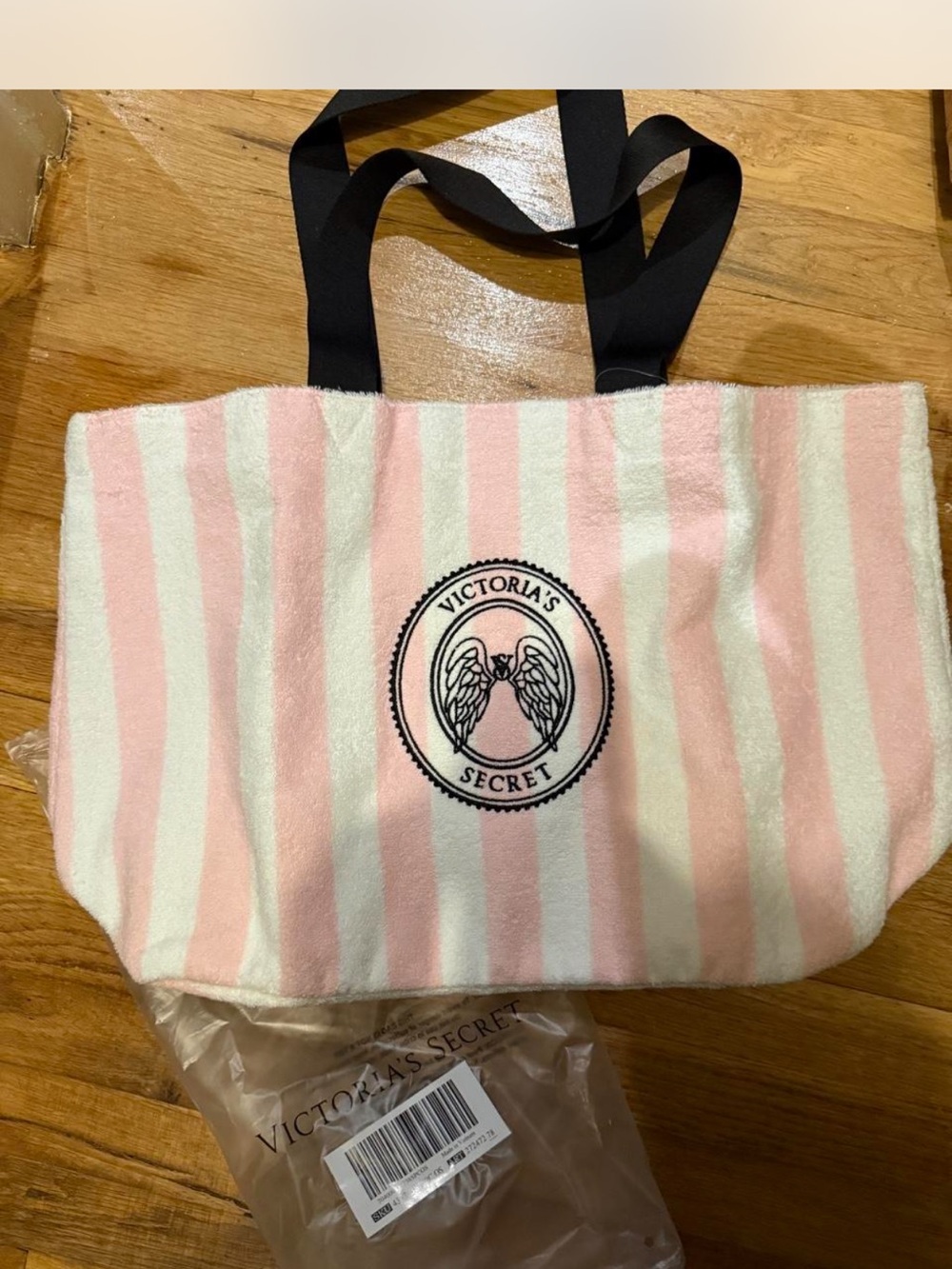 Victoria's Secret Pink & White Striped Tote with Black Handles